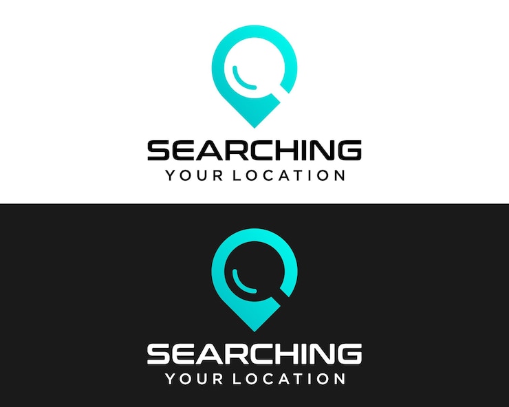 Vector diseño del logotipo de la compañía de tecnología de transporte sobre lupa y rastreo de gps de ubicación
