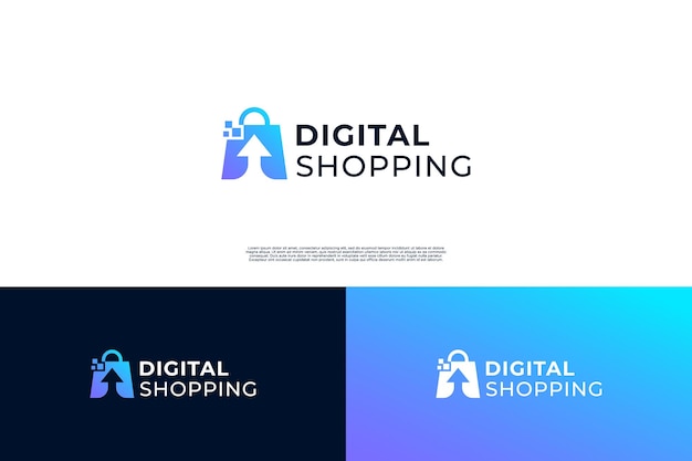 Diseño de logotipo de compras digitales Combinar bolsa de compras con elemento de flecha y píxel