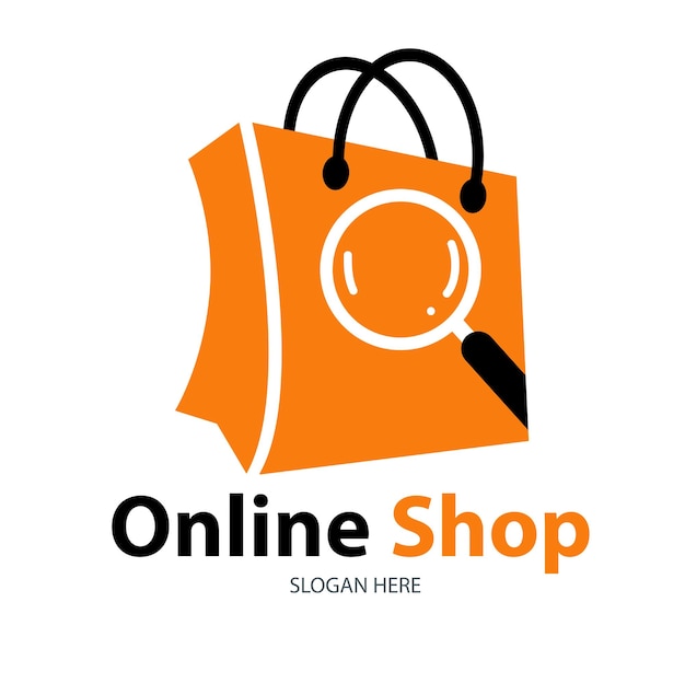 Diseño de logotipo para compras en línea con bolsa de compras y símbolo de búsqueda Ilustración vectorial