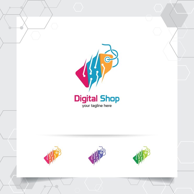 Vector diseño de logotipo de compras con vector de etiqueta de precio y símbolo de tecnología para tienda en línea y comercio electrónico