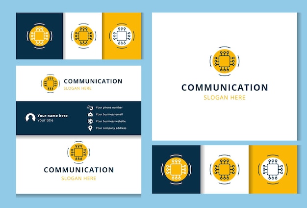 Diseño de logotipo de comunicación con eslogan editable plantilla de tarjeta de visita y libro de marca