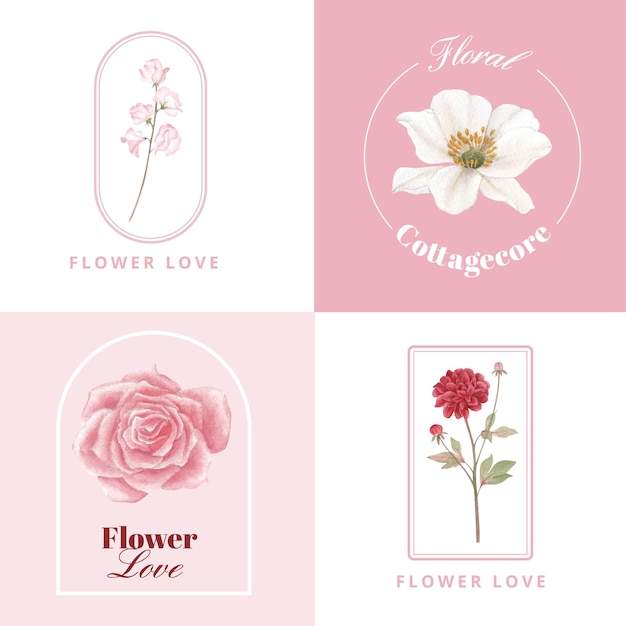 Diseño de logotipo con concepto de flores cottagecore, estilo acuarela