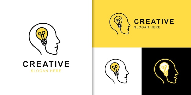 Diseño de logotipo de concepto de idea creativa con símbolo de icono de cabeza y bombilla para personas creativas humanas inteligentes Elemento de diseño de logotipo de icono de idea de cerebro