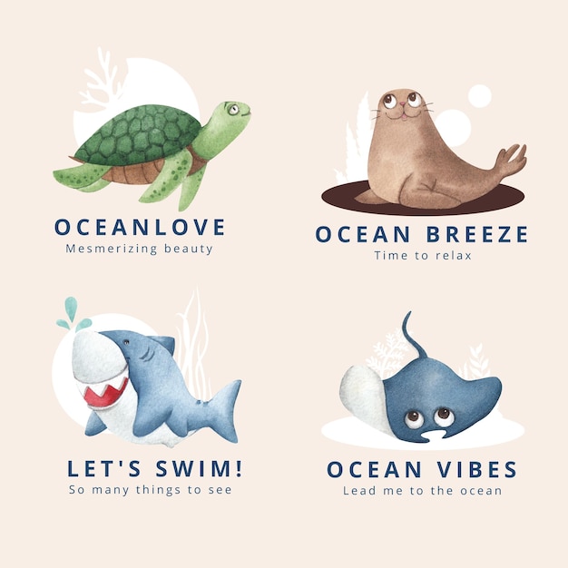 Diseño de logotipo con concepto de océano encantado estilo acuarela