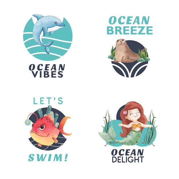 Diseño de logotipo con concepto de océano encantado estilo acuarela