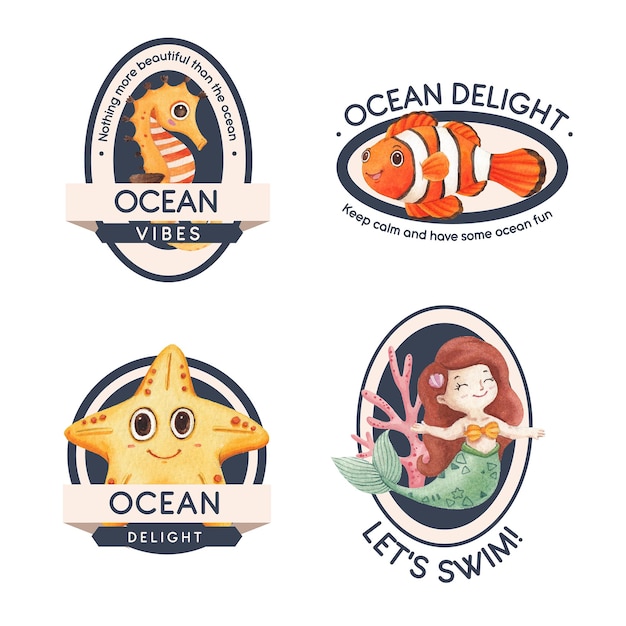 Diseño de logotipo con concepto de océano encantado estilo acuarela