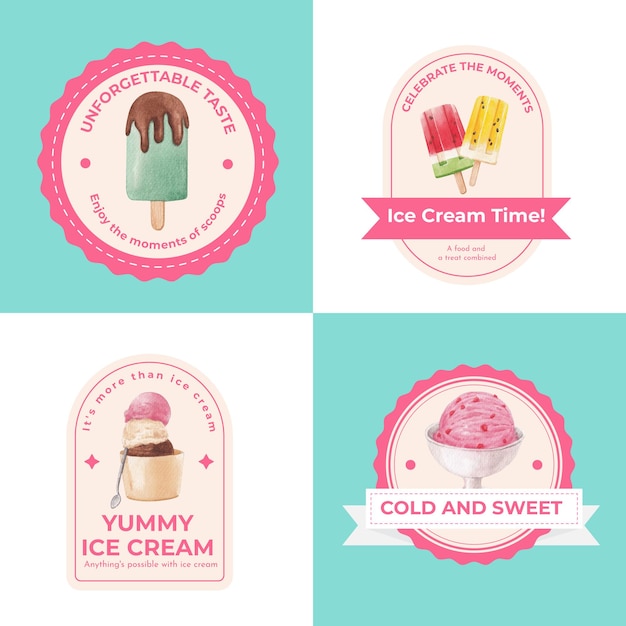 Vector diseño de logotipo con concepto de sabor a helado, estilo acuarela