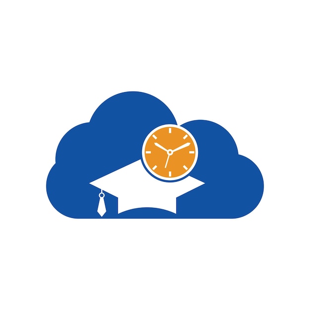 Diseño del logotipo del concepto vectorial de la forma de la nube de tiempo de estudio Sombrero de graduación con diseño de icono de reloj