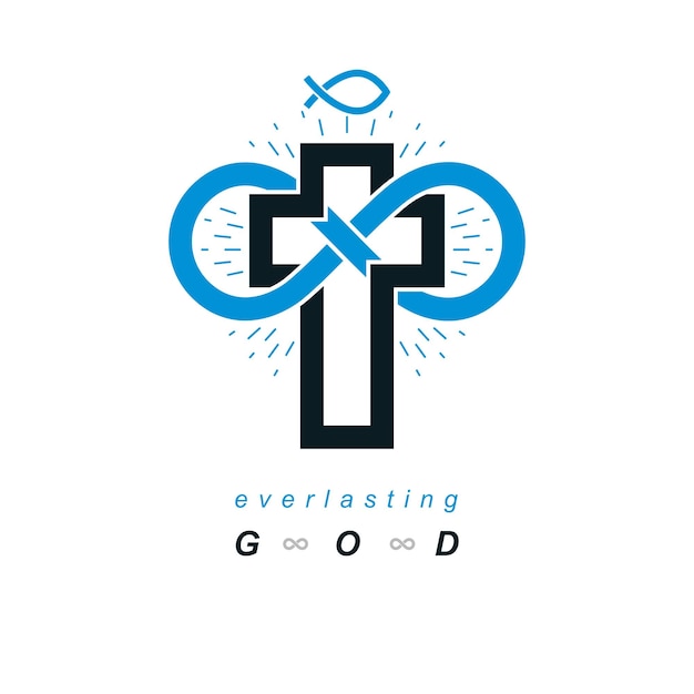 Diseño de logotipo conceptual de Dios inmortal combinado con el signo de bucle infinito y Christian Cross, símbolo creativo vectorial.