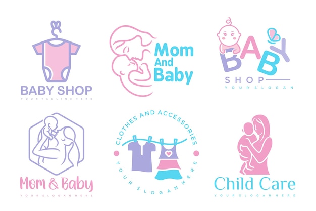 Diseño de logotipo de conjunto de iconos de bebé y madre feliz insignias para tienda de niños centro de cuidado de bebés ilustración