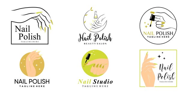 Diseño de logotipo de conjunto de iconos de estudio de uñas o esmalte de uñas para salón de belleza con concepto único Vector Premium