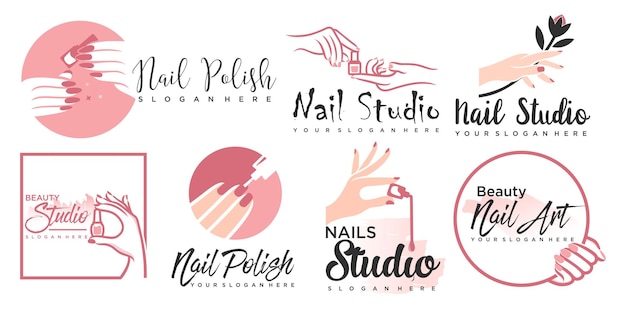 Diseño de logotipo de conjunto de iconos de estudio de uñas o esmalte de uñas para salón de belleza con concepto único