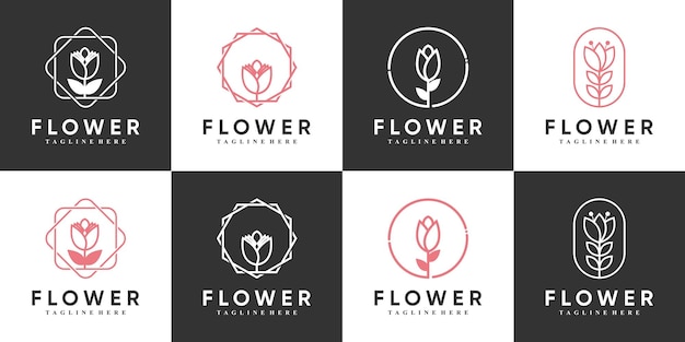 Diseño de logotipo de conjunto de iconos de flores con concepto único Vector Premium