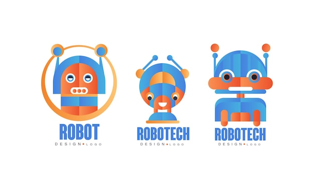 Diseño de logotipo Conjunto de robots Robotech para identidad de empresa Servicio relacionado con computadoras Club de ciencias para niños Insignias de vector plano Ilustración