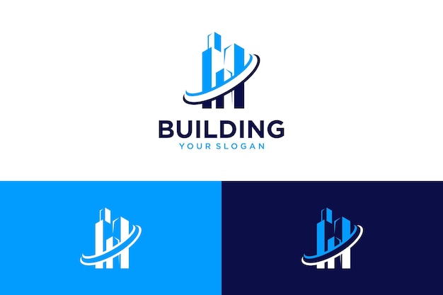 diseño de logotipo de construcción con ciudad y torre