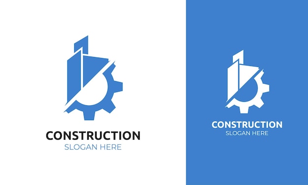 Diseño de logotipo de construcción de edificios con ilustración de vector de engranaje