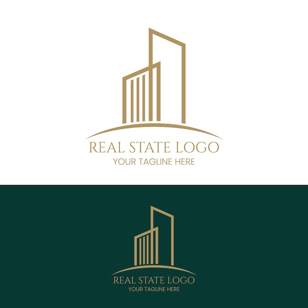 Diseño de logotipo corporativo en color negro y dorado para bienes raíces con formas geométricas