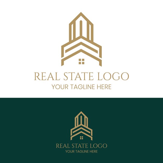 Diseño de logotipo corporativo en color negro y dorado para bienes raíces con formas geométricas