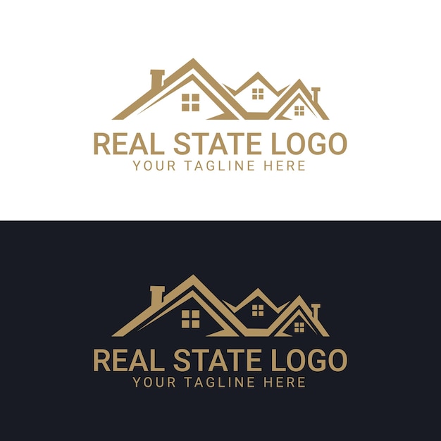 Diseño de logotipo corporativo en color negro y dorado para bienes raíces con formas geométricas