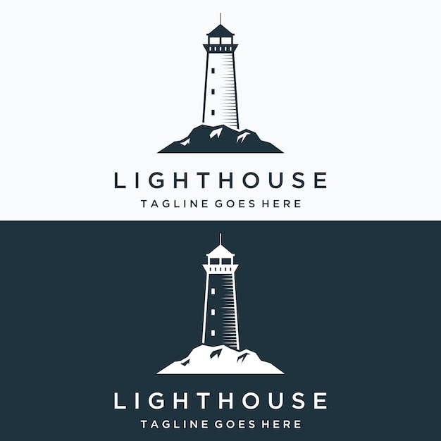 Diseño de logotipo creativo de construcción de torre de faro de mar con plantilla de vector vintage de focos