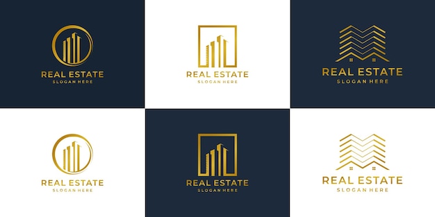 Diseño de logotipo creativo para inmobiliaria con colección de color dorado.