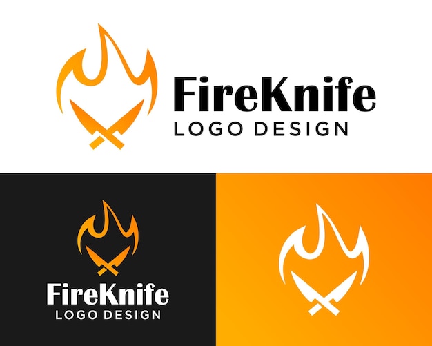 Vector diseño del logotipo del cuchillo de cocina y el fuego del restaurante