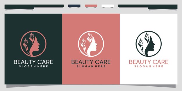 Diseño de logotipo de cuidado de belleza con rostro de mujer y estilo de arte lineal vector premium