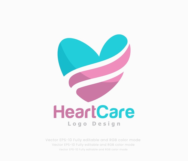 Diseño de logotipo de cuidado del corazón con forma de corazón azul y rosa.