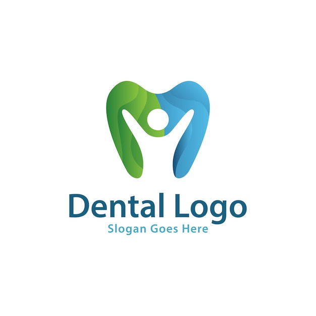 Diseño de logotipo de cuidado dental con vector de diseño fresco de diente colorido de espacio negativo humano
