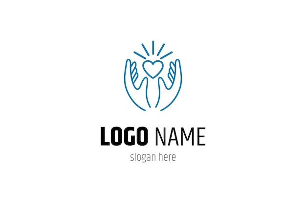 Diseño de logotipo de cuidado de manos de amor con estilo de diseño de arte de línea con efecto de luz