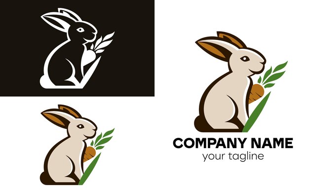 Diseño del logotipo de Cute Rabbit en blanco y negro y ilustraciones de conejos marrones