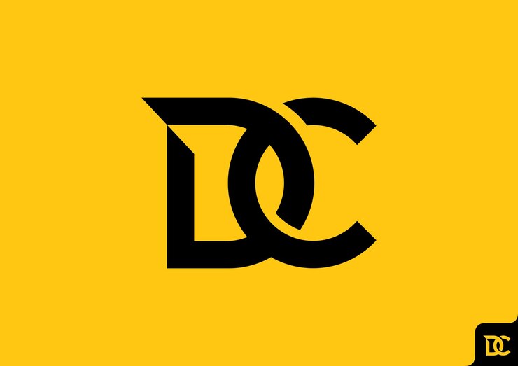 Vector diseño del logotipo dc con concepto de geometría abstracta, color negro, fondo amarillo mostaza.