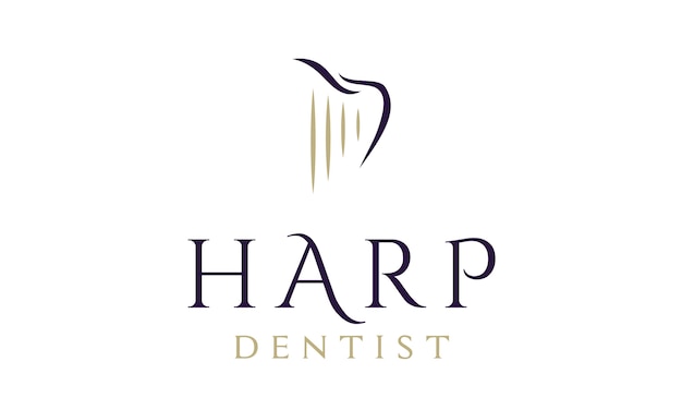Vector diseño de logotipo dentista / dental con arpa y diente