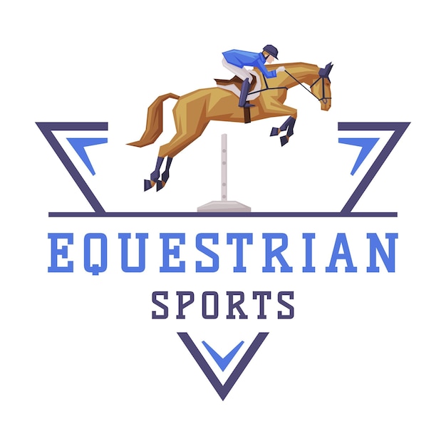 Diseño del logotipo de los deportes ecuestres jinete montando con caballo saltador torneo de derby vector de la etiqueta del emblema