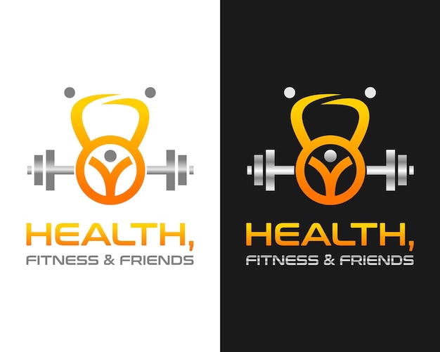 Vector diseño del logotipo de los deportes de salud corporal y equipos de fitness como kettlebells y manivelas