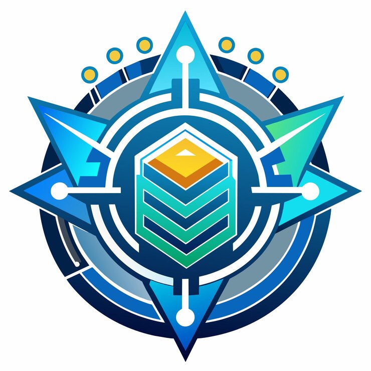 Vector diseño de logotipo digital abstracto colorido con una brújula y formas geométricas apiladas plantilla vectorial de icona de diseño de logotipo de tecnología digital abstracta