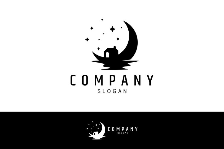 Diseño de logotipo donde una imagen abstracta de una hermosa silueta lunar en un cielo lleno de estrellas y una pequeña casa con un concepto de diseño plano simple