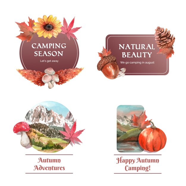 Diseño de logotipo e insignia con concepto de campamento de otoño, estilo acuarela