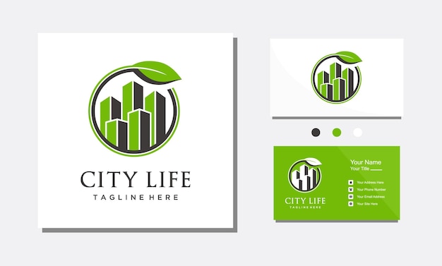 Diseño de logotipo de edificio de ciudad verde Icono de símbolo de apartamento residencial y paisaje de ciudad