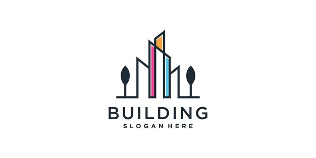 Diseño de logotipo de edificio para construcción de negocios con elemento creativo Vector Premium