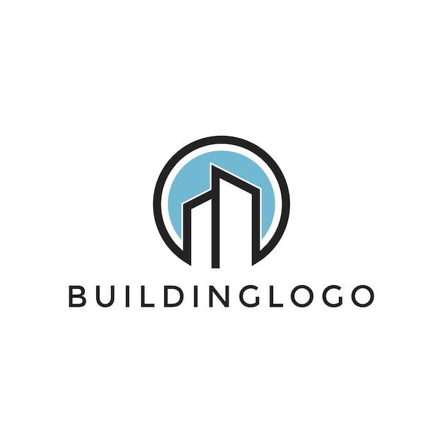 Diseño de logotipo de edificio gráfico de ilustración vectorial con círculo de color azul y gris profesional y elegante