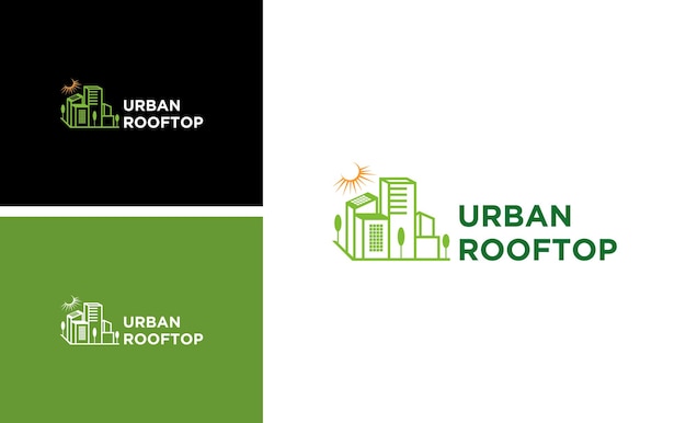 diseño de logotipo de edificio urbano en la azotea con plantilla de vector de ciudad verde