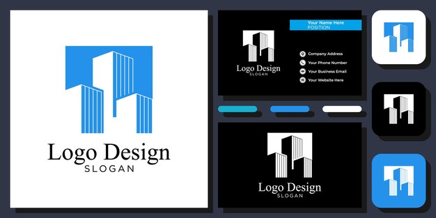 diseño de logotipo edificios rascacielos ilustración de arquitectura azul alta con plantilla de tarjeta de visita