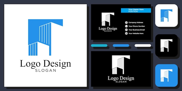 Diseño de logotipo edificios rascacielos ilustración de arquitectura azul alta con plantilla de tarjeta de visita