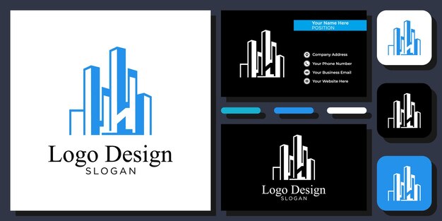 diseño de logotipo edificios rascacielos ilustración de arquitectura azul alta con plantilla de tarjeta de visita