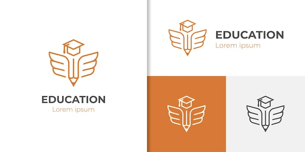 Diseño de logotipo de educación simple con alas de lápiz de pluma y concepto de diseño de icono de gorra para la graduación de la academia