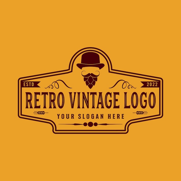 Diseño de logotipo de elaboración de cerveza con ilustración de vector de placa retro