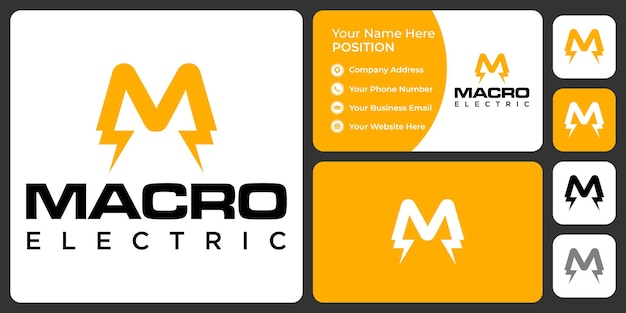Diseño de logotipo eléctrico con monograma de letra M con plantilla de tarjeta de visita