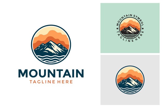 Diseño del logotipo del emblema de la aventura de la montaña Picos de la montaña con el vector de diseño del logotipo de la luz solar