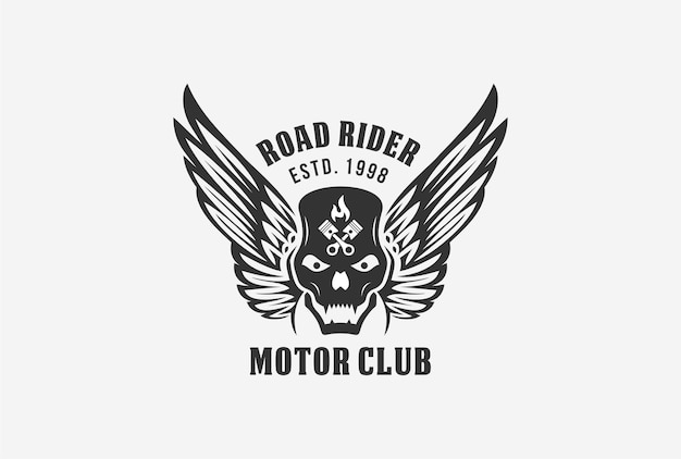 Diseño del logotipo del emblema del club de motor con elemento de calavera, ala, fuego y pistón.